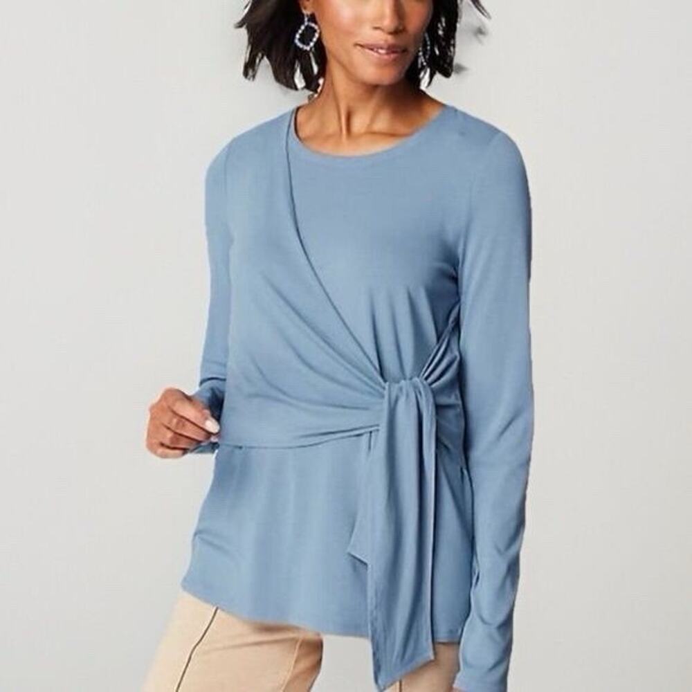 J. Jill Wearever‎ Blue Tie Front Top Large Tall Wrap Shirt Blouse Long Sleeve